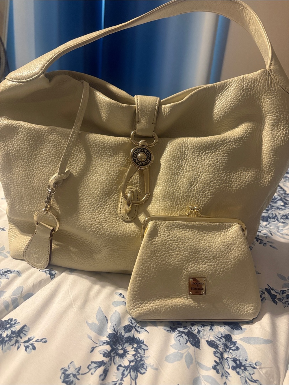 Dooney & Bourke Cream Leather Shoulder Bag, Matching Coin Purse,  and key chain